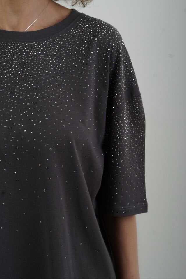 Gri Taşlı Oversize Tshirt