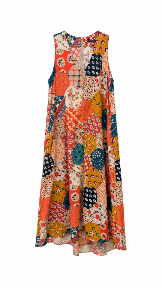 Nar Çiçeği Patchwork Desen V Yaka Elbise