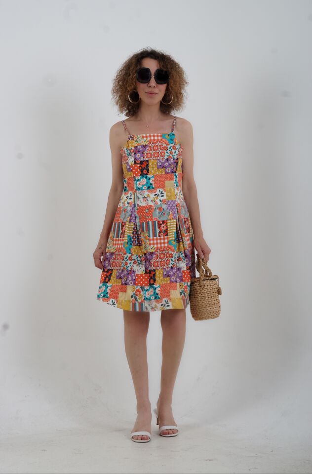 Oranj Patchwork Desen Askılı Mini Elbise