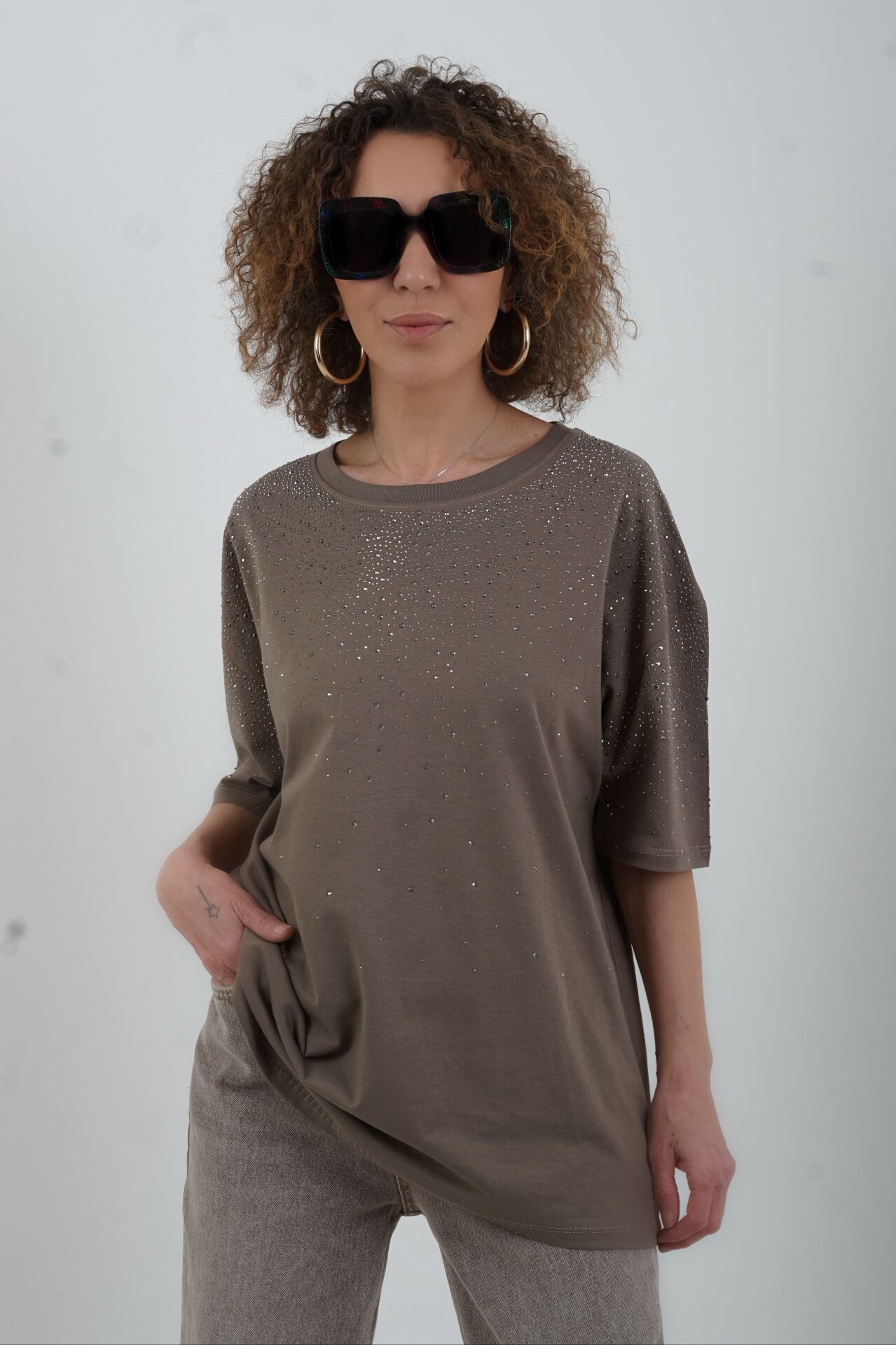 Vizon Taşlı Oversize Tshirt