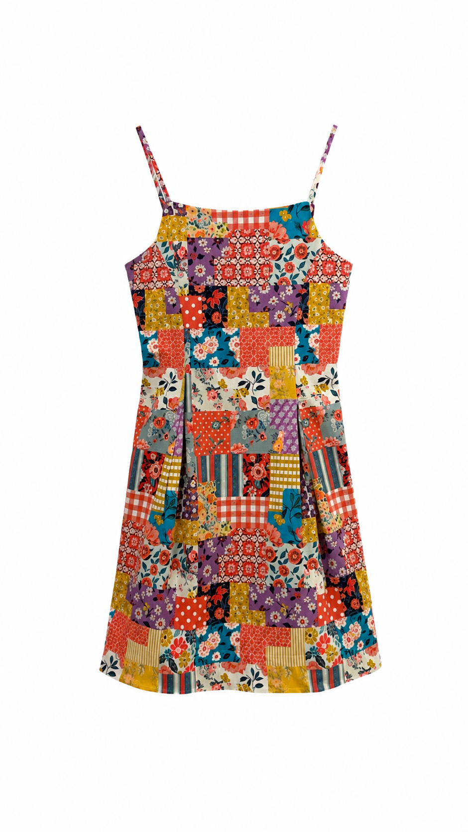 Oranj Patchwork Desen Askılı Mini Elbise