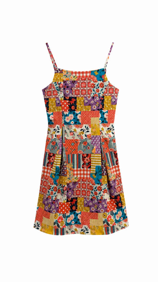 Oranj Patchwork Desen Askılı Mini Elbise