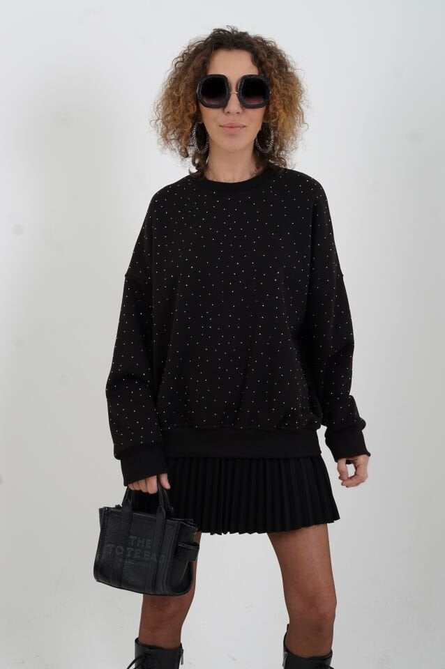 Siyah Taşlı Sweatshirt
