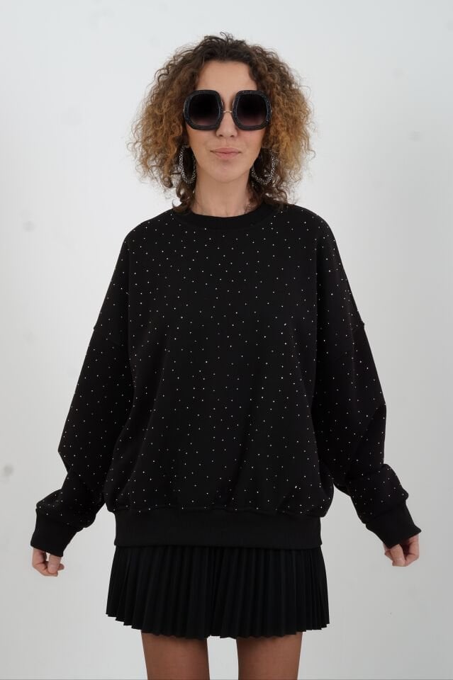 Siyah Taşlı Sweatshirt