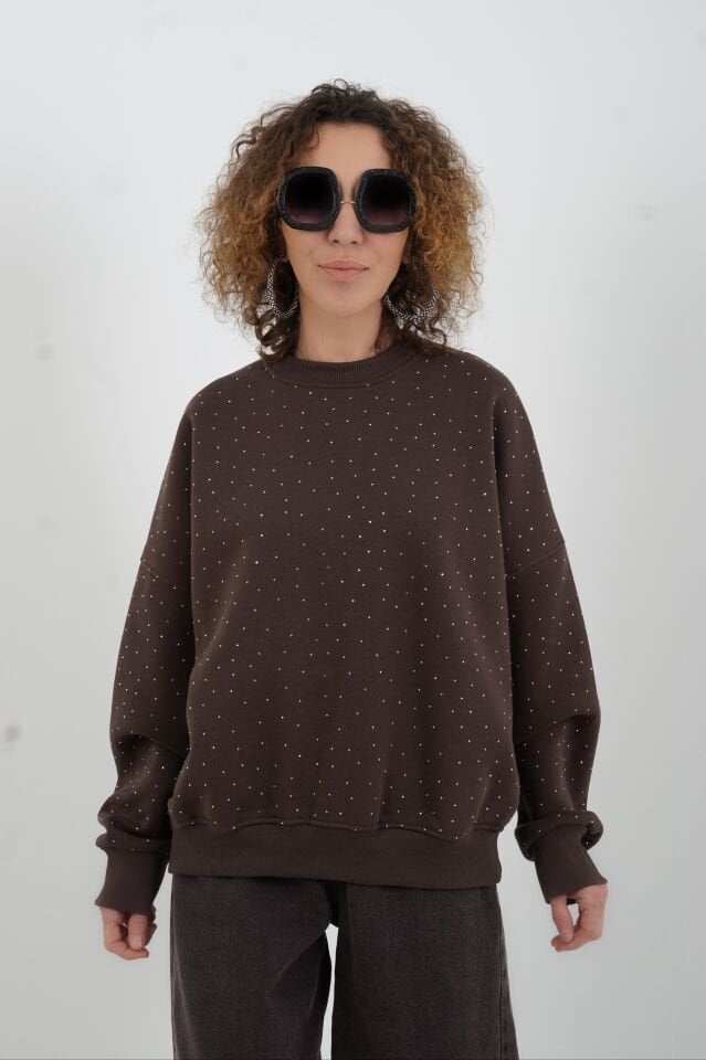 Koyu Kahve Taşlı Sweatshirt
