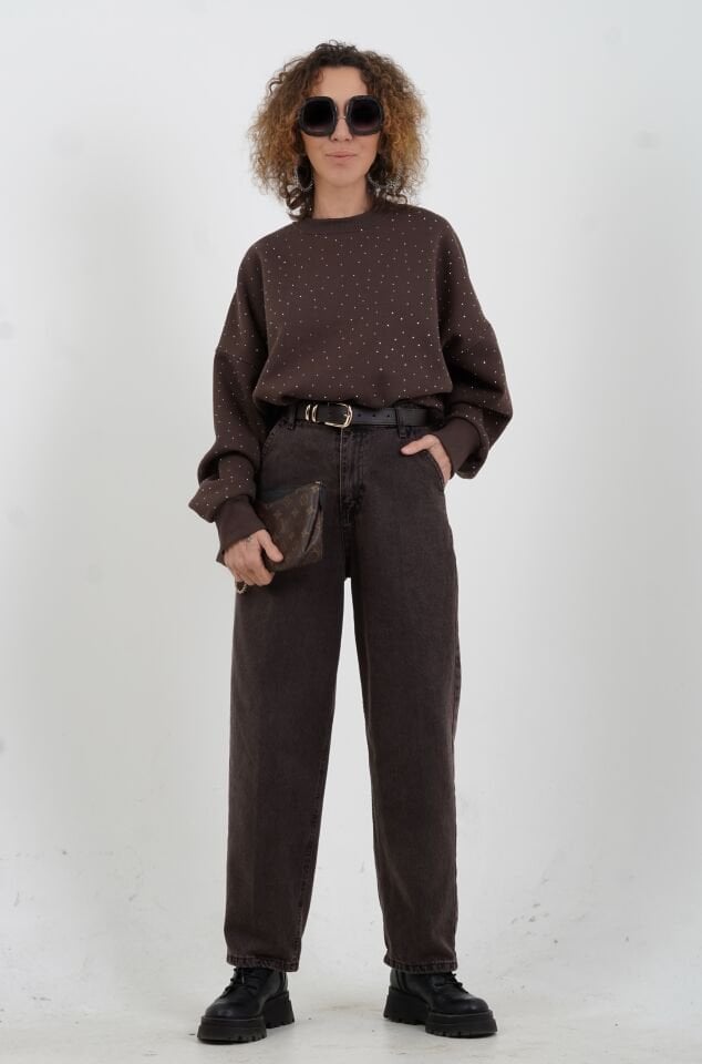 Koyu Kahve Taşlı Sweatshirt
