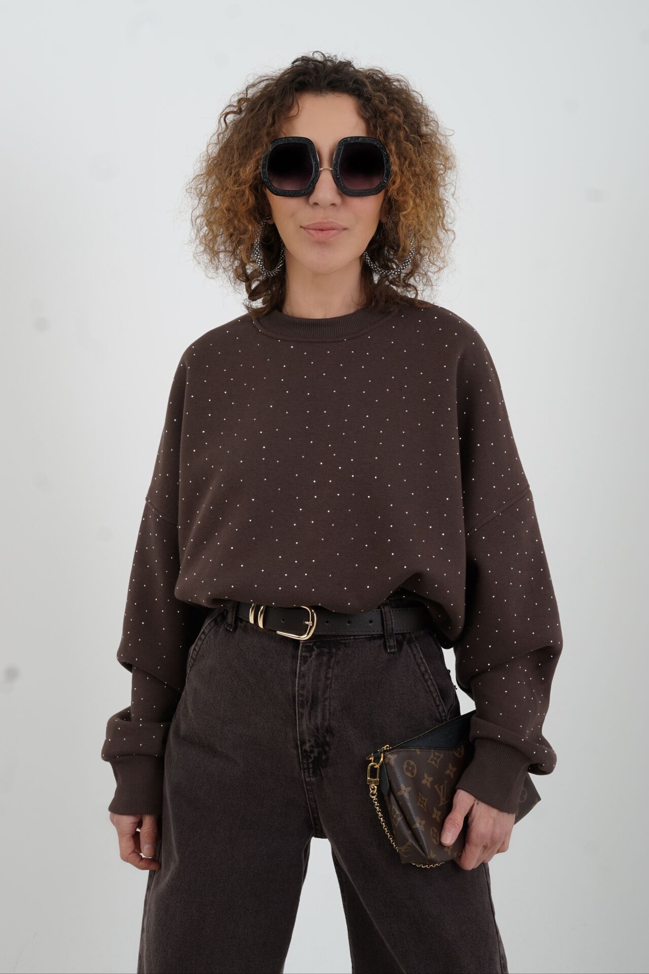 Koyu Kahve Taşlı Sweatshirt