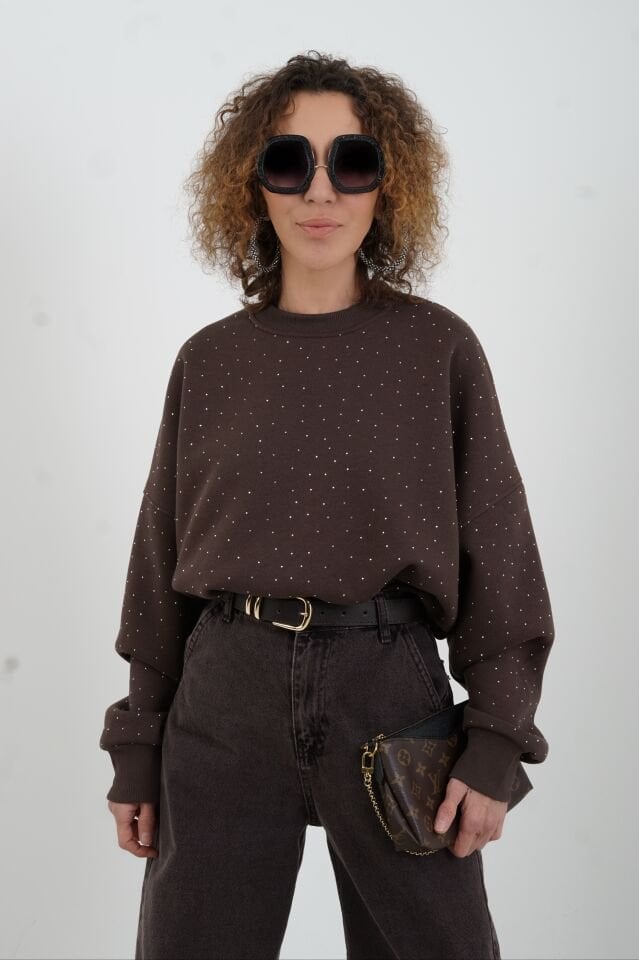 Koyu Kahve Taşlı Sweatshirt