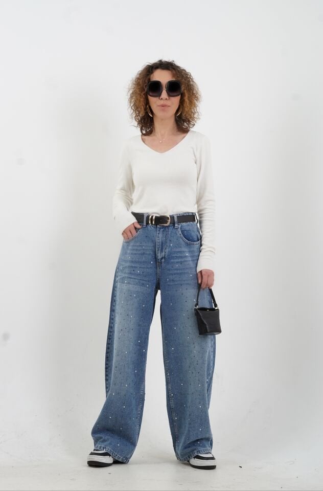 Mavi Taşlı Denim Pantolon