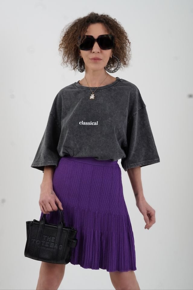 Antrasit Classical Baskılı Soluk Efektli Oversize Tshirt
