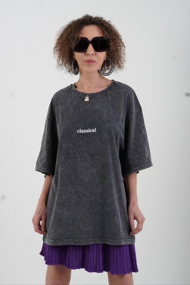 Antrasit Classical Baskılı Soluk Efektli Oversize Tshirt