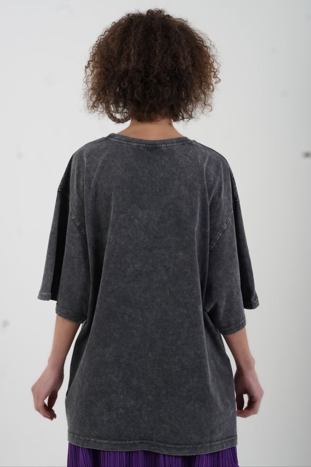 Antrasit Classical Baskılı Soluk Efektli Oversize Tshirt