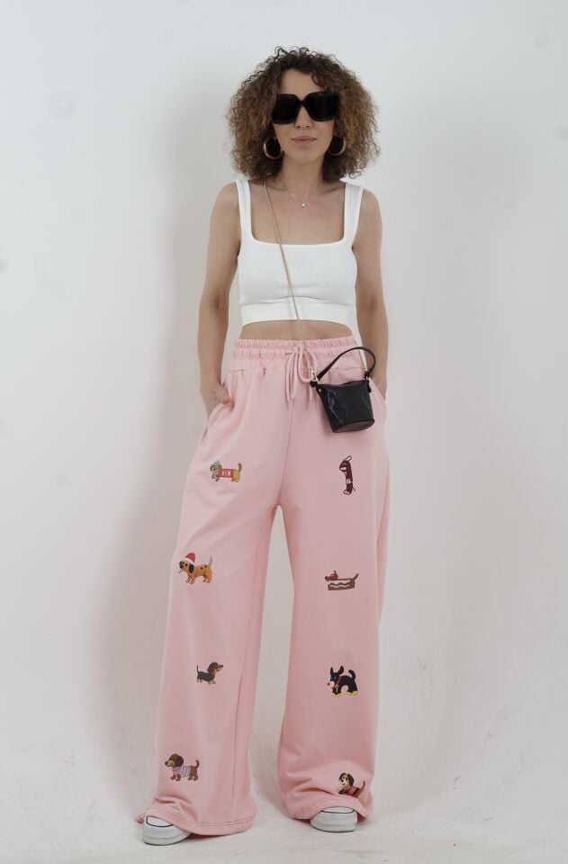 Pudra Köpek Baskılı Eşofman Pantolon