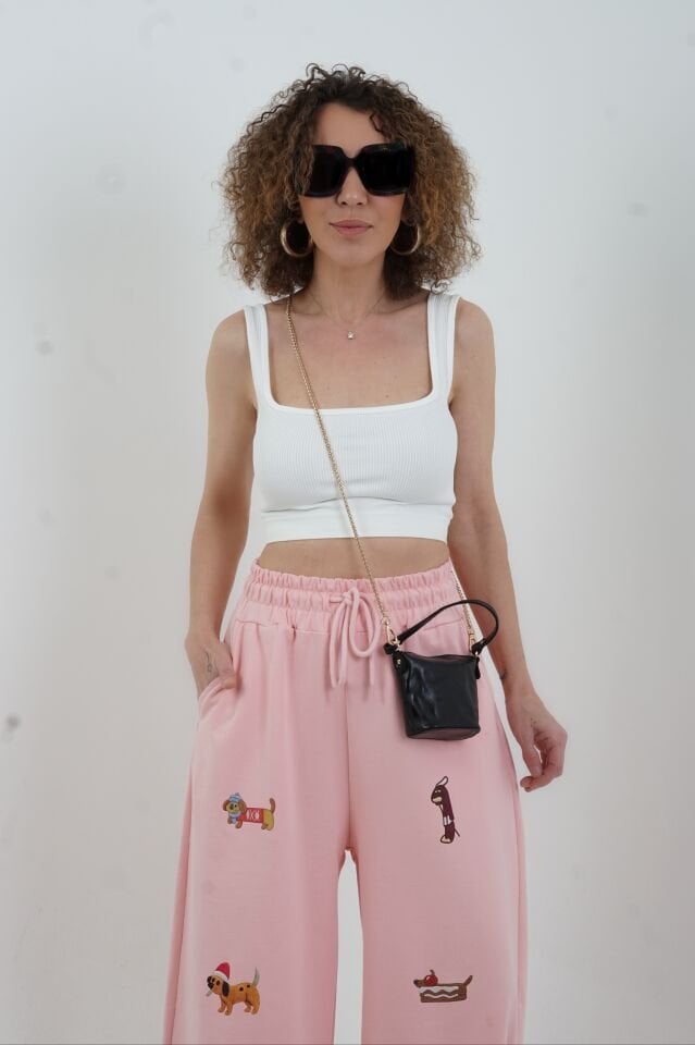 Pudra Köpek Baskılı Eşofman Pantolon