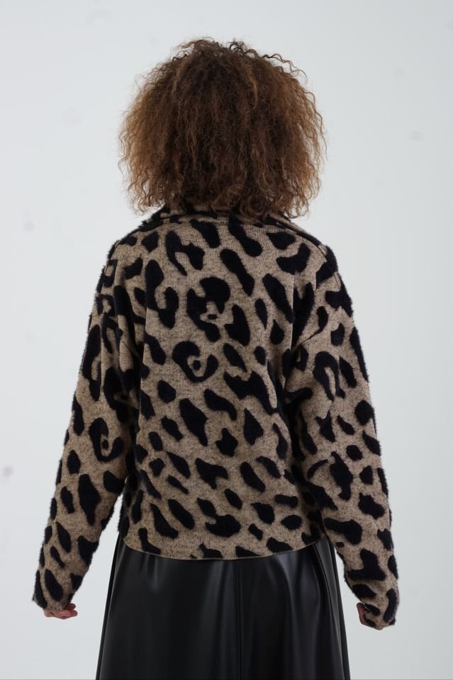 Camel Leopar Desenli Triko Ceket
