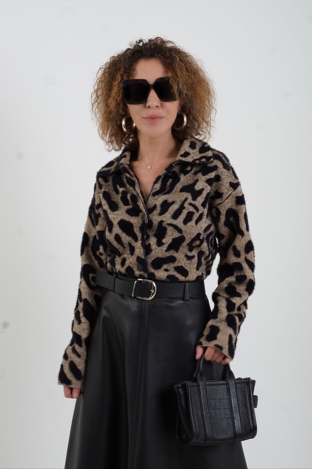 Camel Leopar Desenli Triko Ceket
