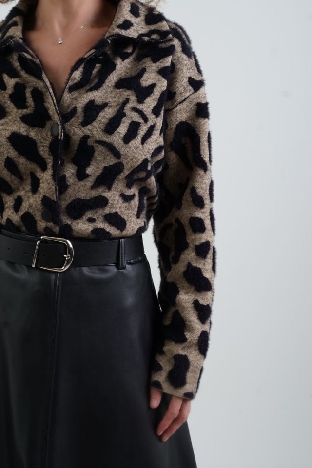 Camel Leopar Desenli Triko Ceket