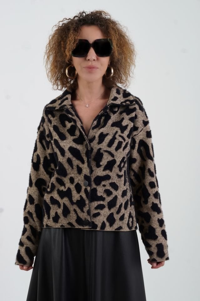 Camel Leopar Desenli Triko Ceket