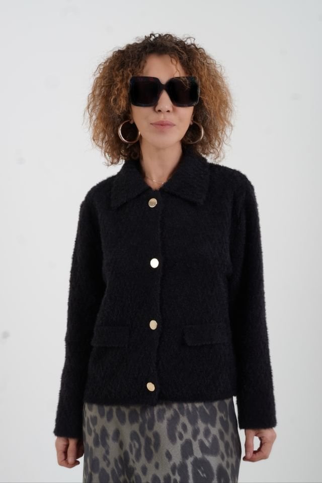 Siyah  Premium Tona Ton Desenli Triko Ceket