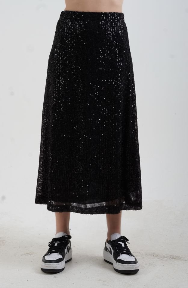Siyah Pul Payetli Midi Boy Çan Etek