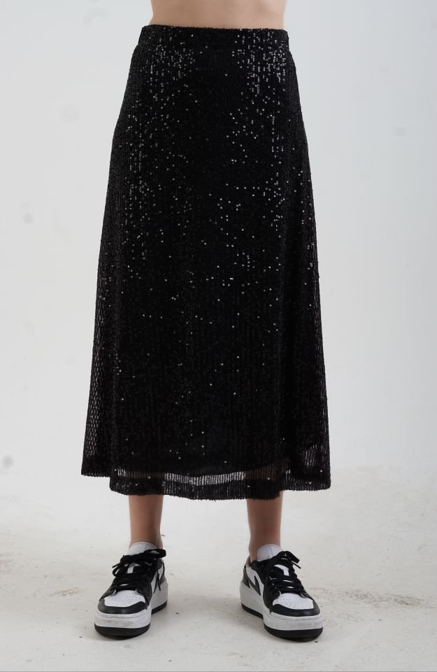 Siyah Pul Payetli Midi Boy Çan Etek