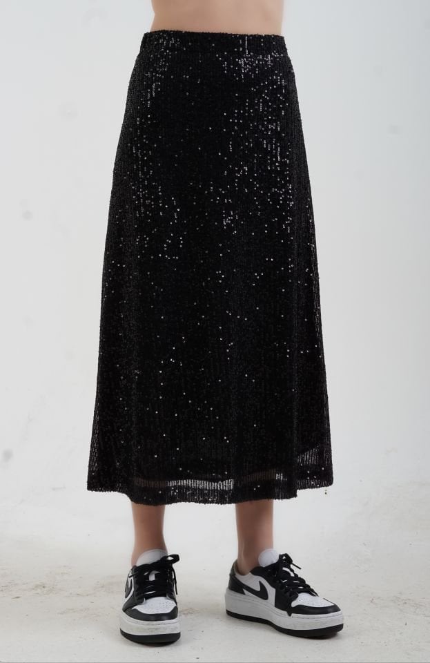 Siyah Pul Payetli Midi Boy Çan Etek