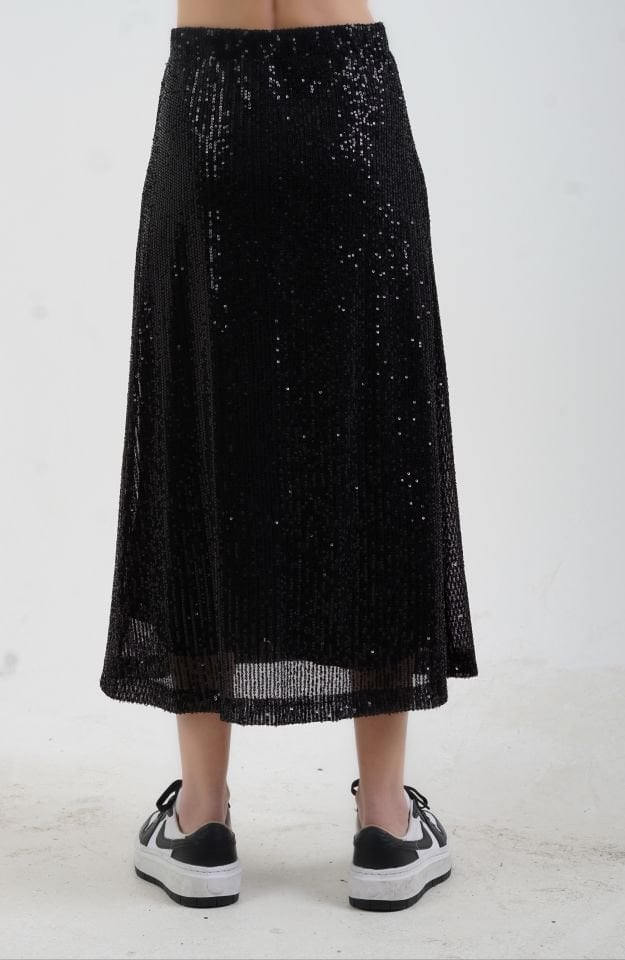 Siyah Pul Payetli Midi Boy Çan Etek