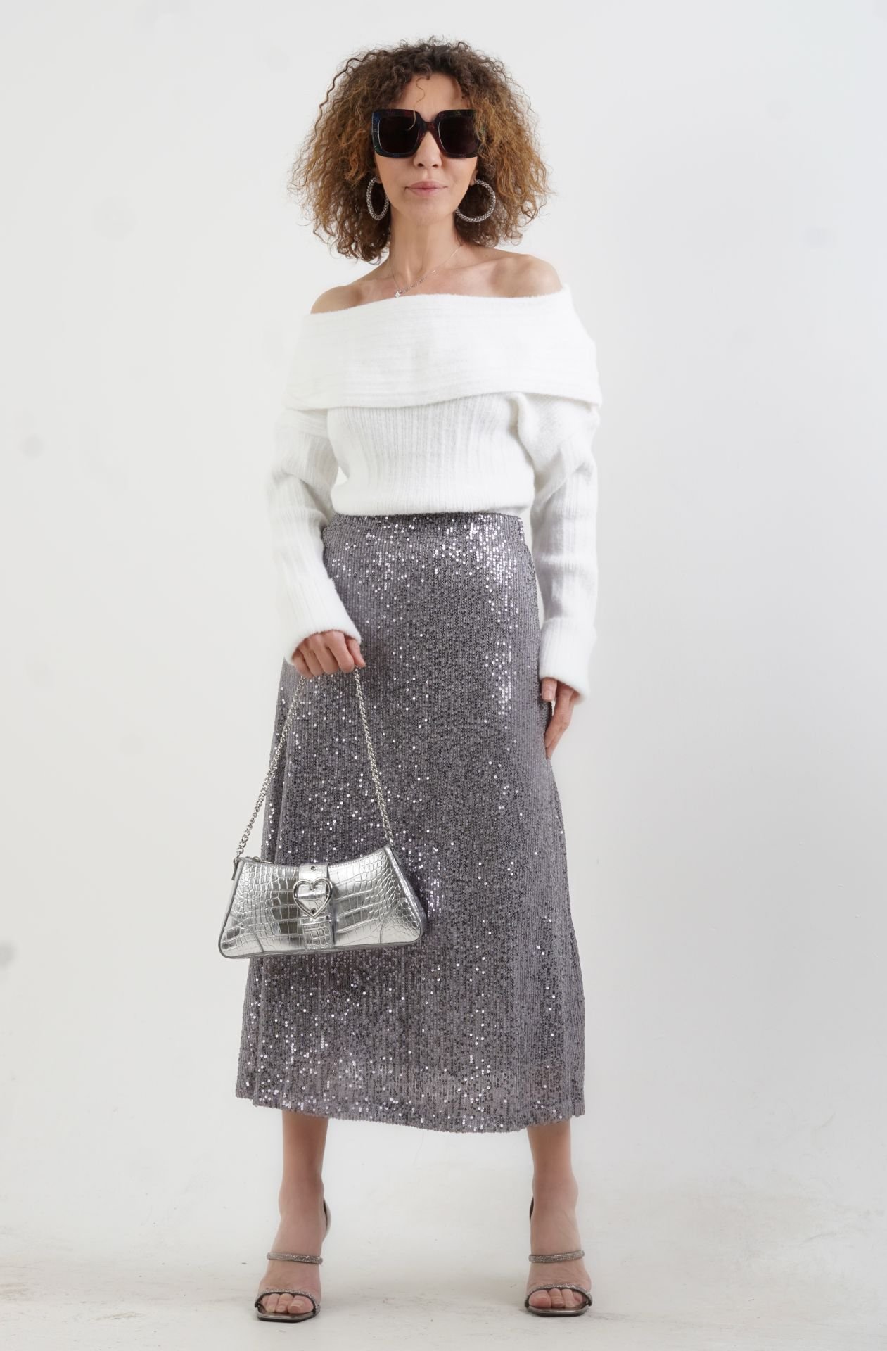 Gri Pul Payetli Midi Boy Çan Etek