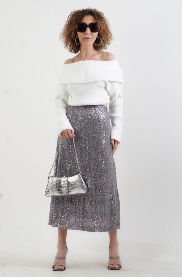 Gri Pul Payetli Midi Boy Çan Etek