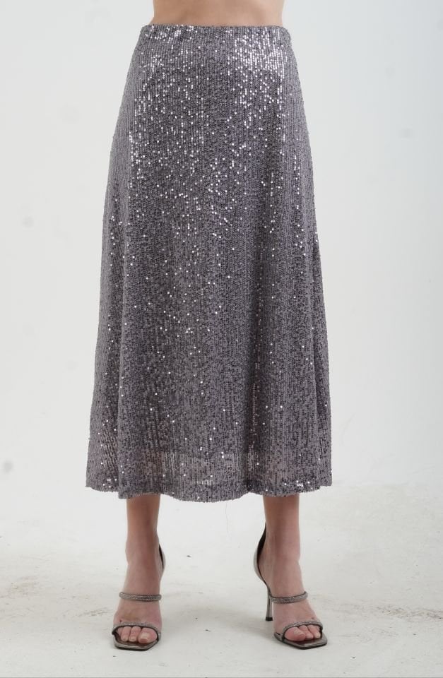 Gri Pul Payetli Midi Boy Çan Etek