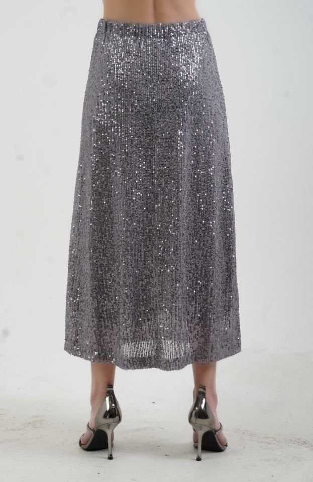 Gri Pul Payetli Midi Boy Çan Etek