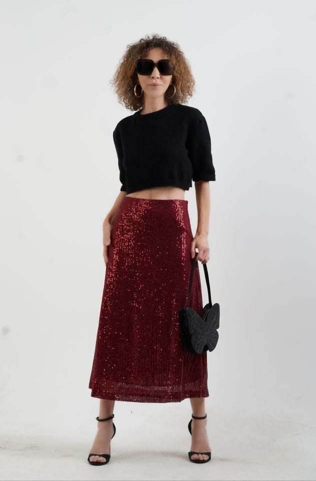 Bordo Pul Payetli Midi Boy Çan Etek