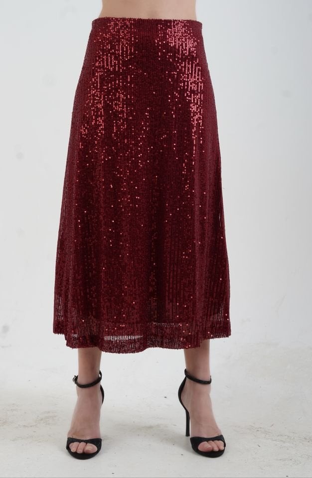 Bordo Pul Payetli Midi Boy Çan Etek