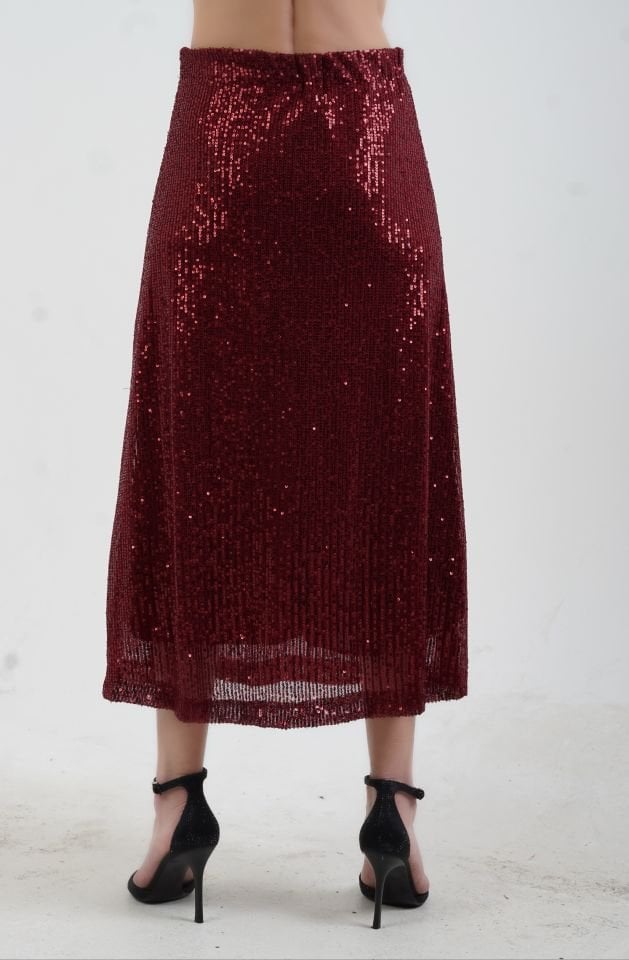 Bordo Pul Payetli Midi Boy Çan Etek