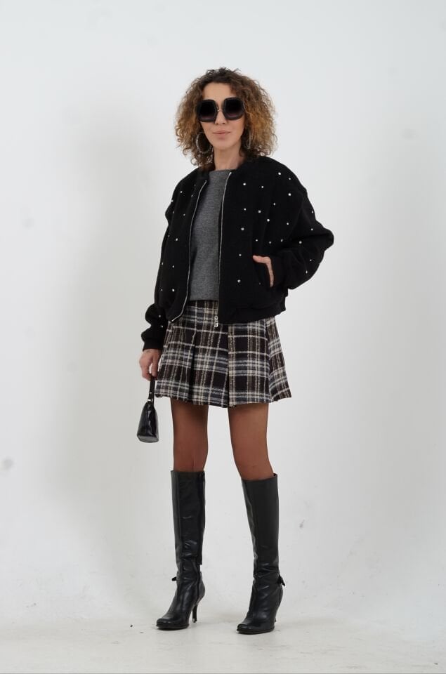 Siyah Taş İşlemeli Bomber Ceket