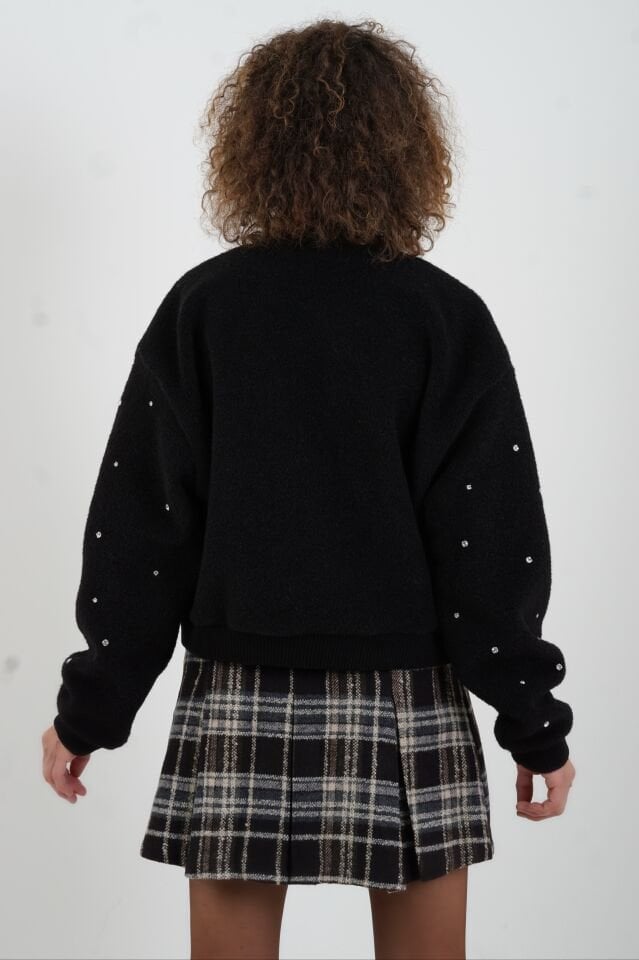 Siyah Taş İşlemeli Bomber Ceket