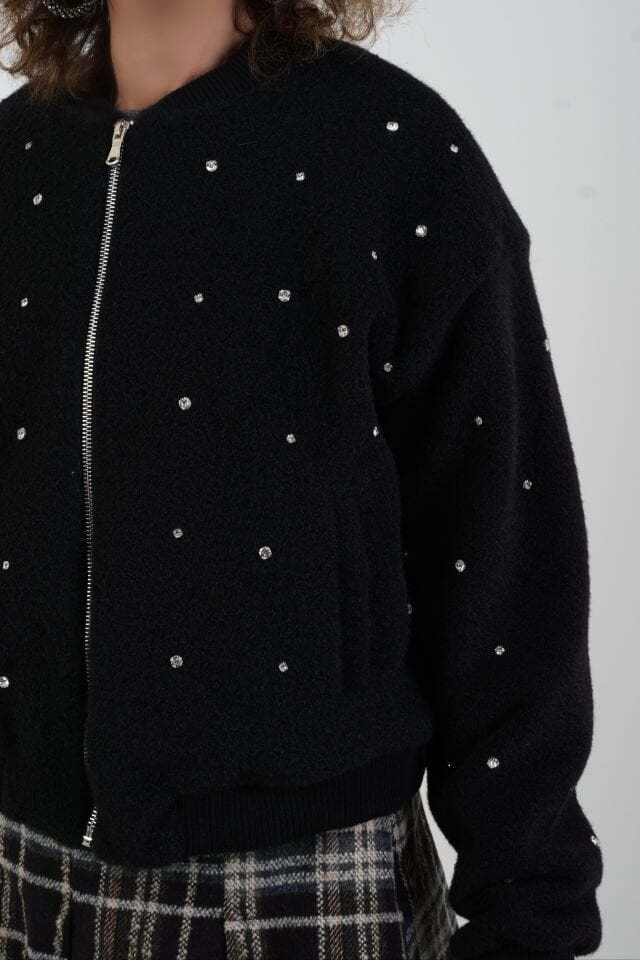 Siyah Taş İşlemeli Bomber Ceket