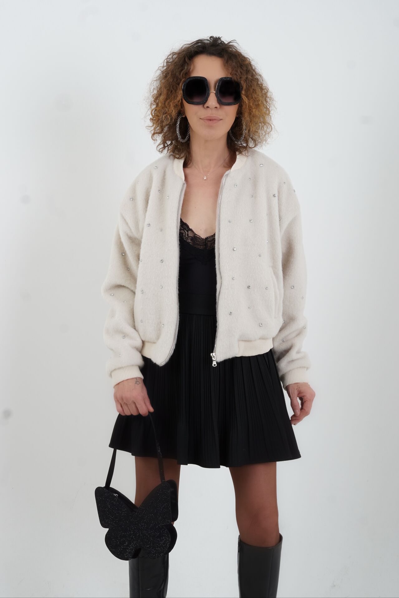 Bej Taş İşlemeli  Bomber Ceket