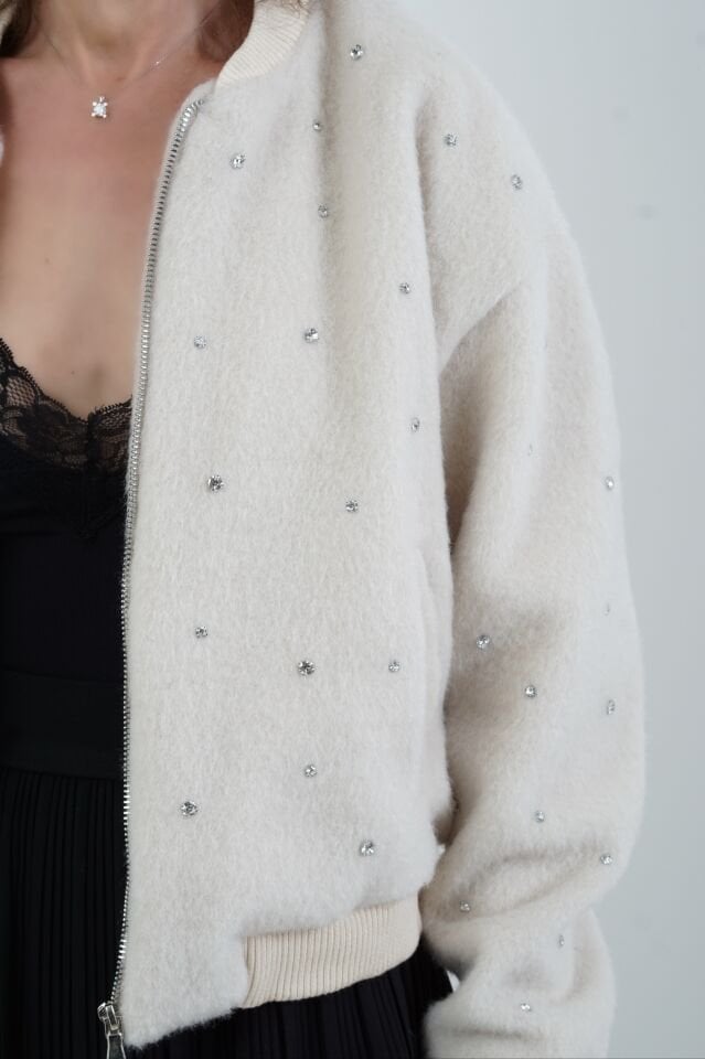 Bej Taş İşlemeli  Bomber Ceket