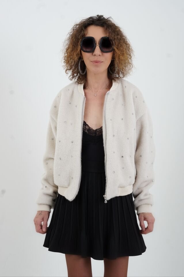 Bej Taş İşlemeli  Bomber Ceket