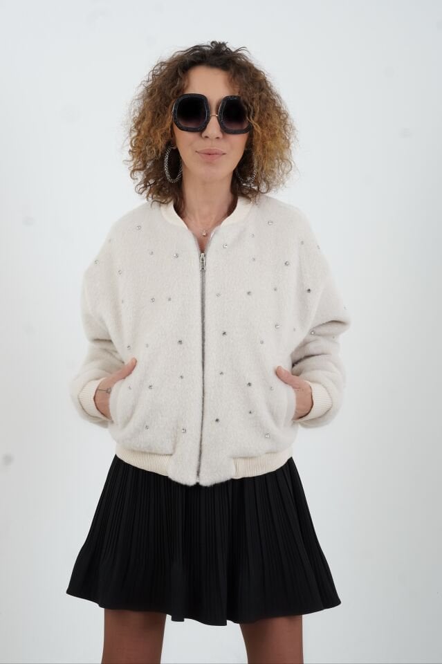Bej Taş İşlemeli  Bomber Ceket
