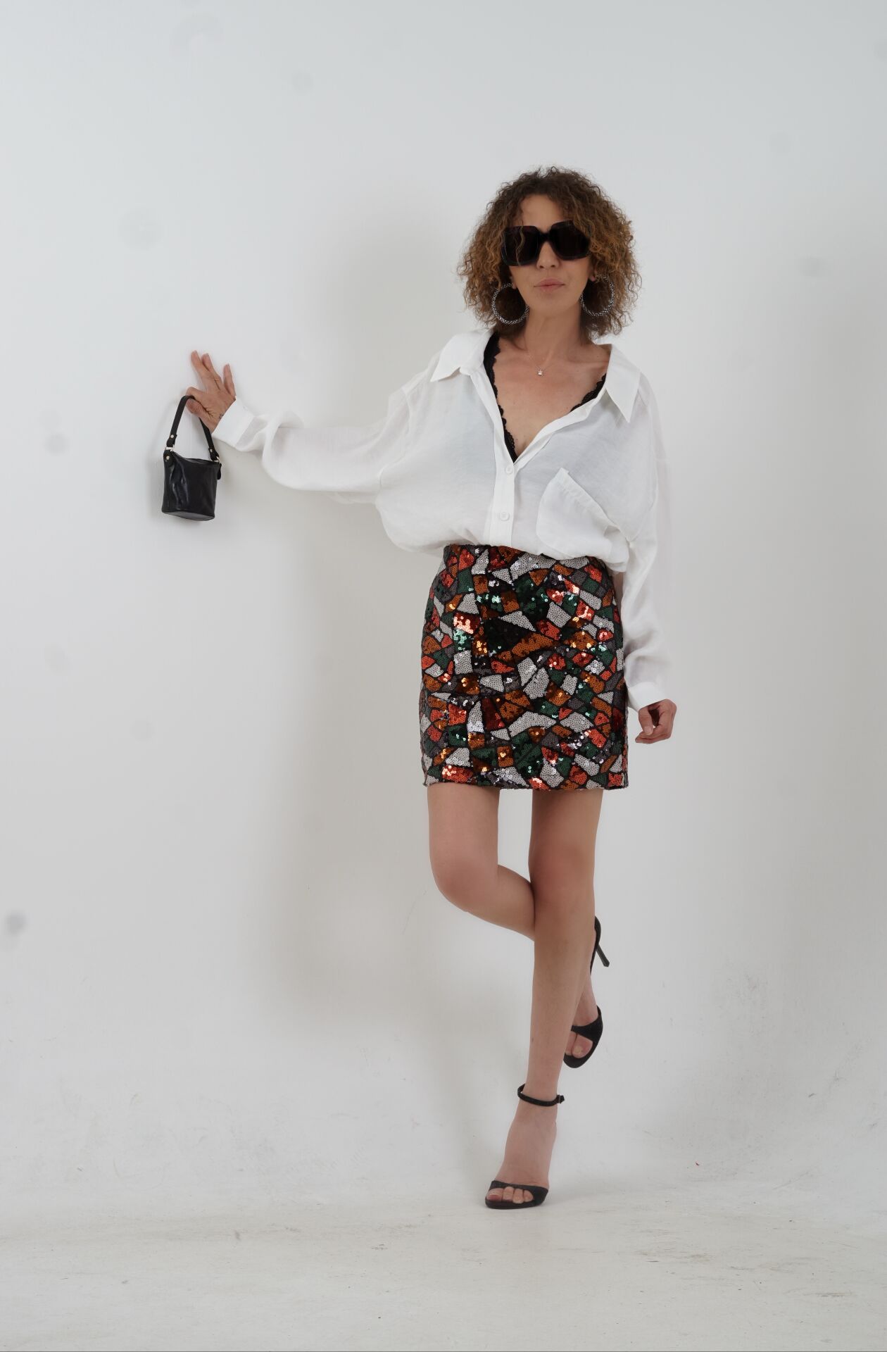 Mozaik Desenli Pul Payetli Astarlı Mini Etek