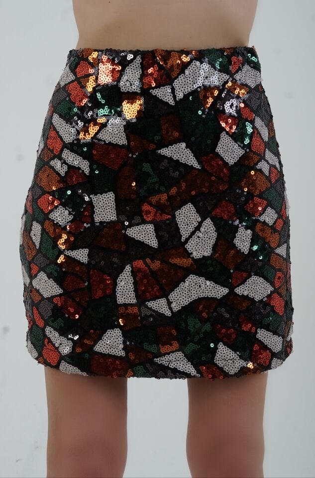 Mozaik Desenli Pul Payetli Astarlı Mini Etek