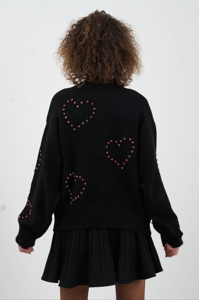 Siyah Kalp Taş İşleme Triko Kazak