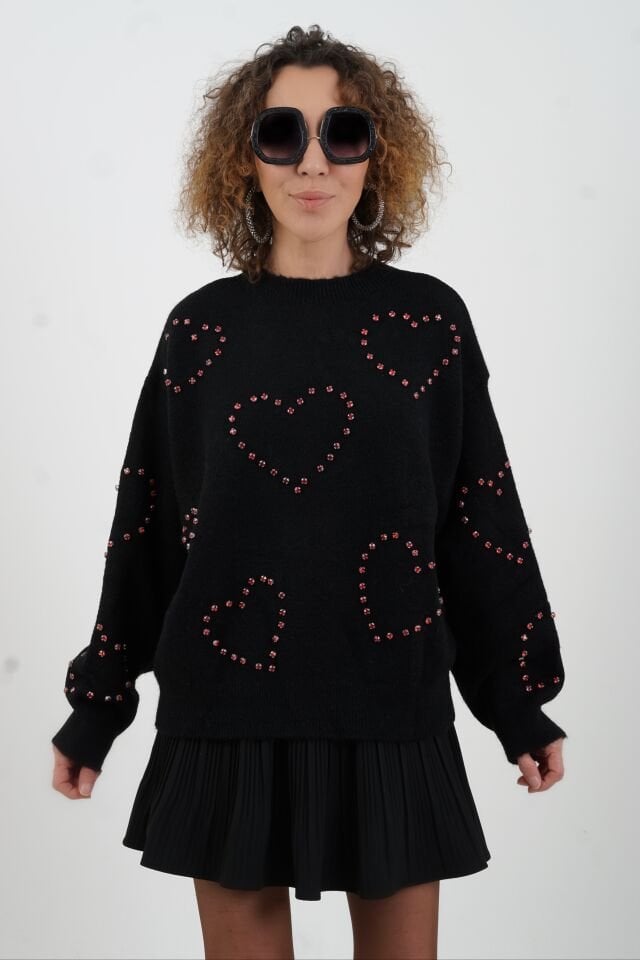 Siyah Kalp Taş İşleme Triko Kazak