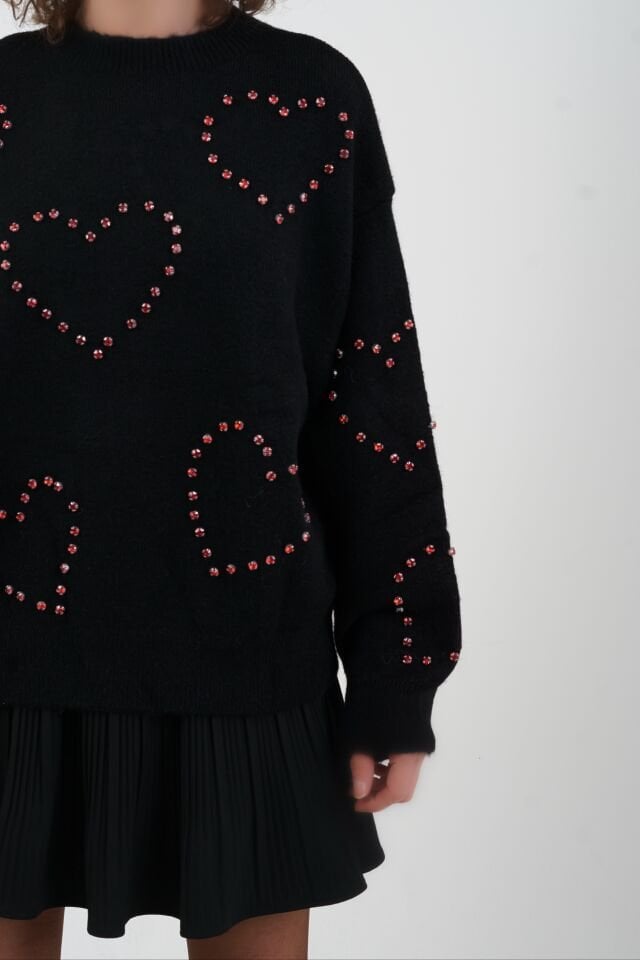 Siyah Kalp Taş İşleme Triko Kazak