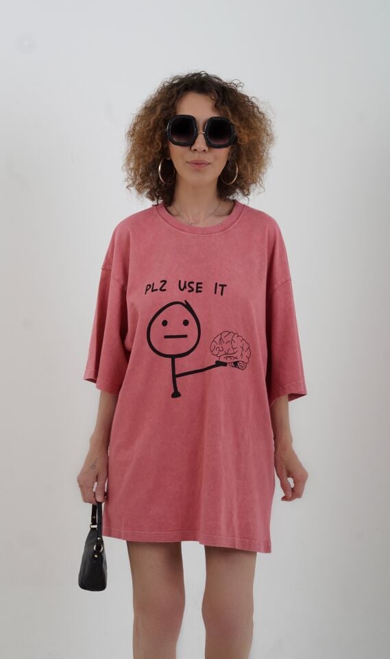 Kiremit Pls Use It Baskılı Soluk Efektli Oversize Tshirt