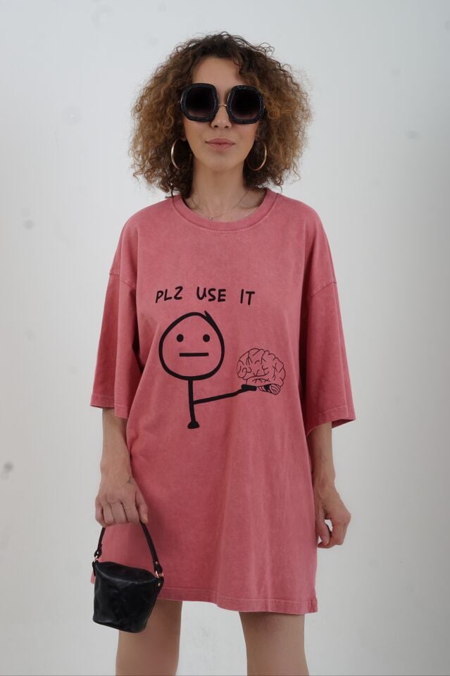 Kiremit Pls Use It Baskılı Soluk Efektli Oversize Tshirt
