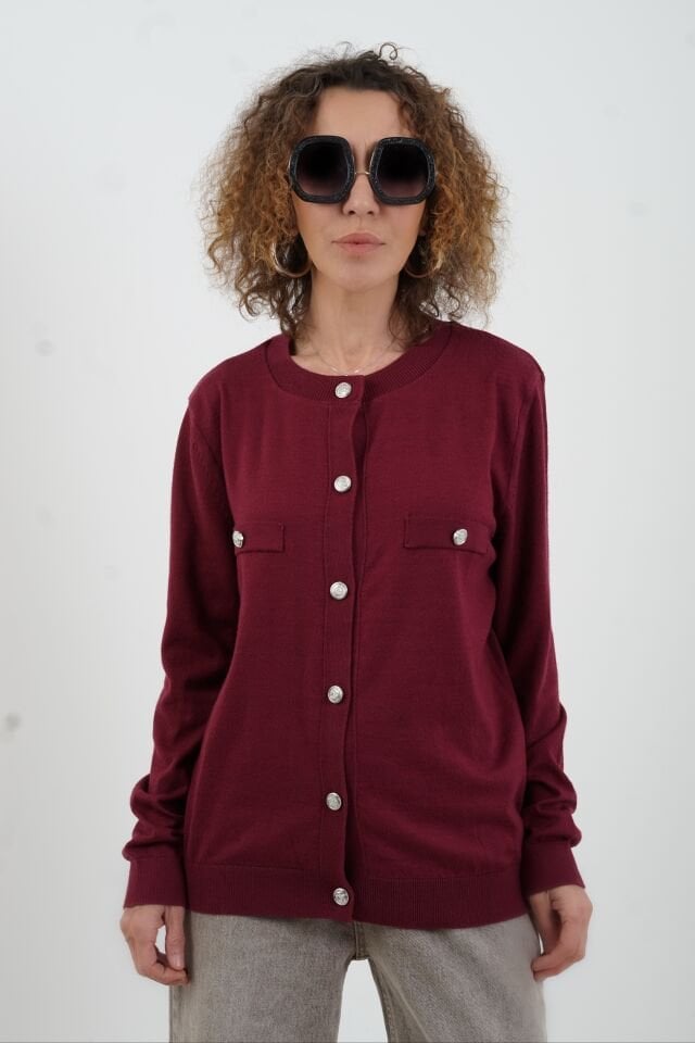 Bordo Flato Cepli Düğmeli Hırka