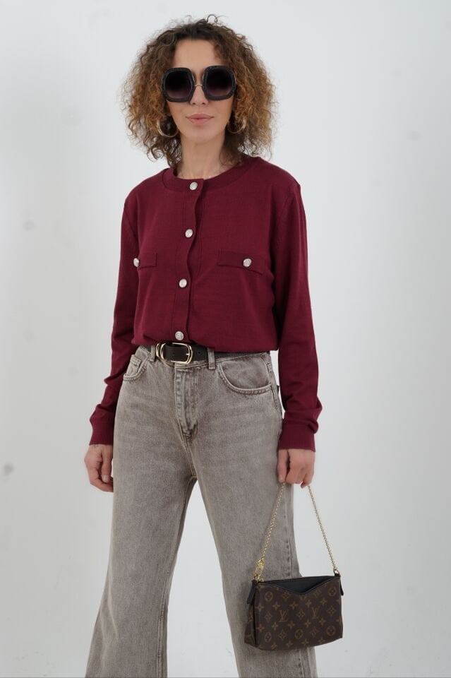 Bordo Flato Cepli Düğmeli Hırka